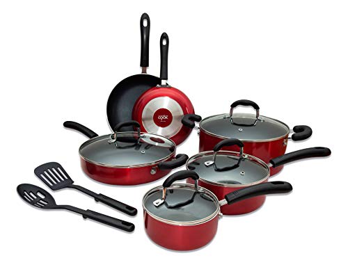 ANYONECANCOOK Set de 12 Piezas de Cazuelas y Sartenes Antiadherentes de Aluminio (Rojo)