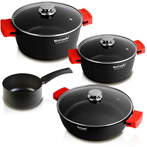 WECOOK Ecostone Batería de Cocina inducción 4 Piezas de Aluminio Fundido 3 Capas Antiadherente sin PFOA, Set cazuelas Tapa Cristal, Asas Silicona, 5mm Espesor, lavavajillas, vitroceramica, Gas, Horno