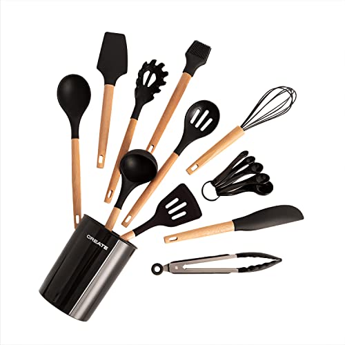 CREATE/SET DE UTENSILIOS DE COCINA DE SILICONA Y MADERA Negro / 8 utensilios