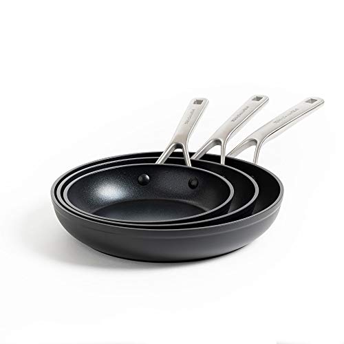 KitchenAid Juego de Sartenes Antiadherentes de Aluminio Forjado Endurecido, Aptas para Todo Tipo de Cocinas, Inducción, Horno y Lavavajillas, 20/24/28 cm, Negra