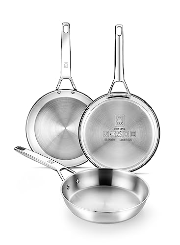 Bra Signature - Set 3 Sartenes 20-24-26, Acero Inox 18/10 Profesional Sin Antiadherente, Triple Fondo Difusor Apto Todo Tipo De Cocinas E Inducción, Acabado Pulido Brillante