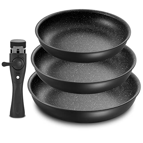 Fadware Juego de sartenes de 4 piezas | 20 + 24 + 28 cm | Juego de sartenes con mango extraíble | Para todos los tipos de cocina, también inducción, antiadherente | apto para horno | negro