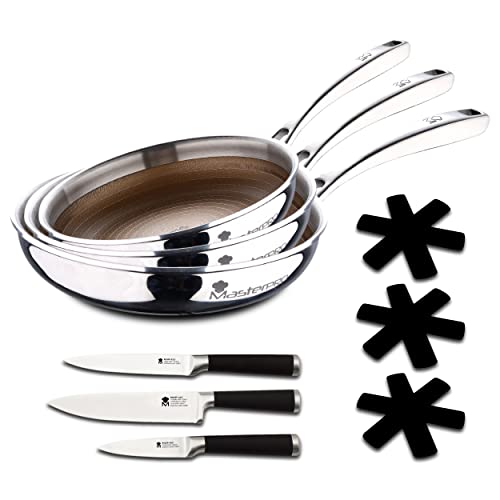 MasterPRO Giro 3 | Juego de Sartenes Antiadherentes de 20, 24 y 28 cm | Con Triple Capa de Acero Inoxidable y Aluminio | Set de 3 Cuchillos Smart y Protector de Sartenes | Todo Tipo de Cocinas