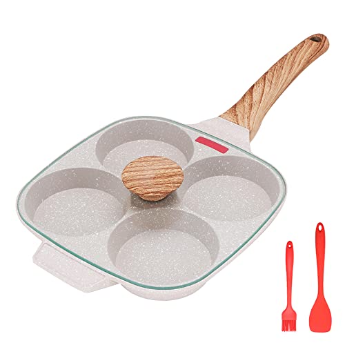 Bobikuke Sartén Tortitas, Sartén Huevos Poche de 4 Agujeros con Tapa Sartén Antiadherente de Aluminio para Desayuno Huevos Fritos Panqueques, para Estufas de Gas y Cocinas de Inducción (Blanco)