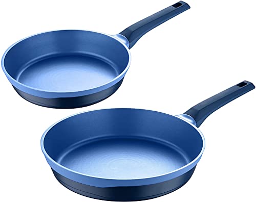 MasterPro Juego de 2 sartenes de 24 cm, sartén de 28 cm, juego de utensilios de cocina de aluminio fundido duradero, juego de ollas y sartenes antiadherentes, diamante Gastro, color azul