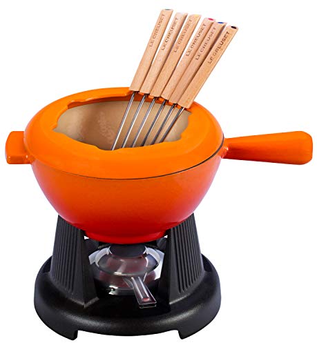 Le Creuset Set de fondue para queso de hierro fundido, Con 2 asas, tapa antisalpicaduras, quemador y 6 tenedores para fondue, Volumen 2 L, Volcanico, 60020000902460
