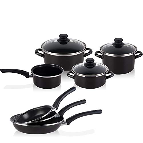 Magefesa - Bateria de cocina 7 piezas + Set Juego 3 Sartenes 18-20-24 cm, antiadherente libre de PFOA, limpieza lavavajillas apta cocinas, vitroceramica, gas, fabricadas en España