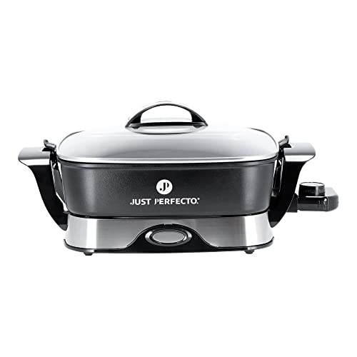Just Perfecto Paellera Electrica 5.5L con tapa de vidrio 1650W - Cacerola Eléctrica Forma Rectangular Con Revestimiento Antiadherente - paellero electrico sarten Con Control De Temperatura Hasta 250°C