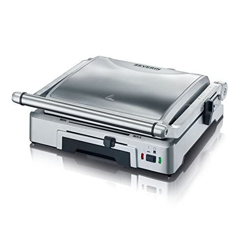 SEVERIN Parrilla grill de contacto para carne y sándwiches, sandwichera grill antiadherente para asar sin grasa, plancha grill de 1800 W, acero inoxidable y plateado, KG 2392