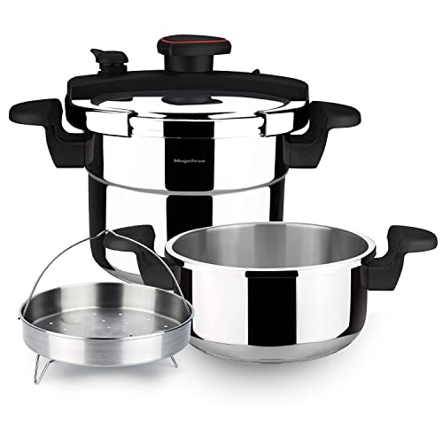MAGEFESA ® Astra Nido Olla a presión super rápida de 4 y 6 litros + cestillo, fácil uso, fabricada en acero inoxidable 18/10, para todo tipo de cocinas, inducción total, fondo termo difusor, express