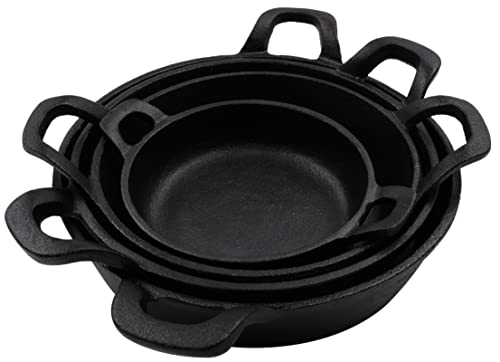 Juego de 4 sartenes de hierro fundido para servir, cocinar y hornear de 20 cm a 12 cm, formas aptas para horno | Uso en interiores y exteriores
