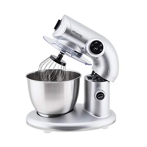 H.Koenig KM80 Batidora Amasadora Profesional, Potencia 1000 W, Capacidad 5.5 L, 4 Velocidades, hasta 2 Kg de Masa, Brazo con Cabeza Reclinable y Móvil, Acero Inoxidable, 80 dB, Color Gris