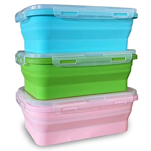 Fiambrera de Silicona Juego de 3PCS 1200 ML de Recipientes de Silicona Plegable Silicona Plegable Almacenamiento de Alimentos Plegable de Silicona Recipientes para Alimentos(azul, rosa, verde)