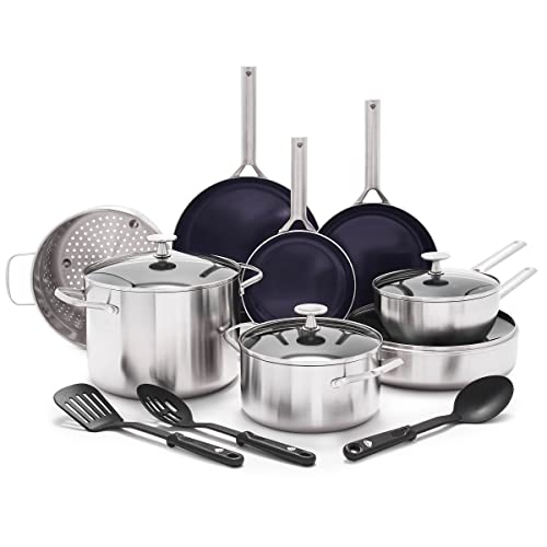 Blue Diamond Tri-ply Bateria de cocina de 15 piezas de cerámica antiadherente de acero inoxidable, sartenes y cacerolas, sin pfas, multicapa, apta para inducción y horno, color plata