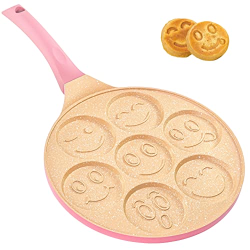 Erreke Sartén para Tortitas, Frigideira Panquecas, Todo Tipo de Cocinas e Inducción, Molde 7 Tortitas Antiadherente, Diseño Caritas, Mango Tacto Suave, Infantil y Divertido, Tamaño 26 cm, color Rosa