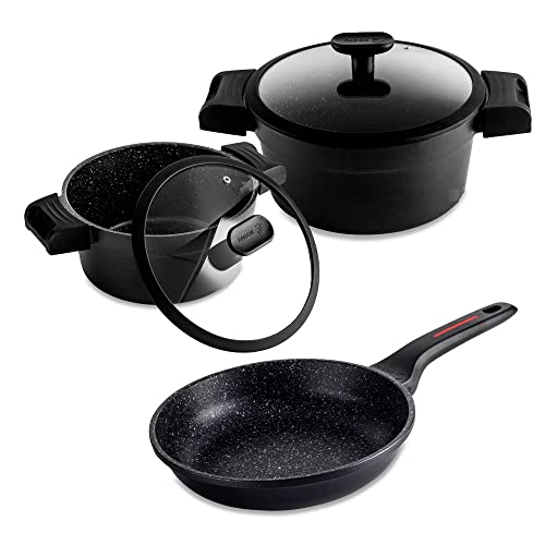 Fagor Alutherm Batería Cocina Inducción 5 Piezas Set 2 Cazuelas 20-24 cm, 2 Tapas Cristal, Sartén 24 cm, Aluminio Fundido, Antiadherente Ecológico sin PFOA, Apta Todas Las Cocinas