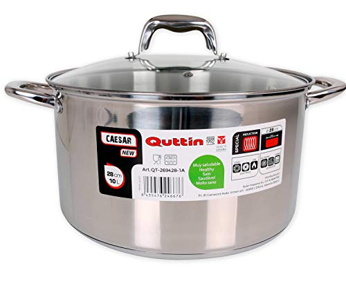 Quttin New Caesar - Olla Profesional Induccion, Cocina y Horno, Cacerola Grande, Acero Inoxidable Antiadherente, Tapa Cristal y Asas, 28 cm/7 L