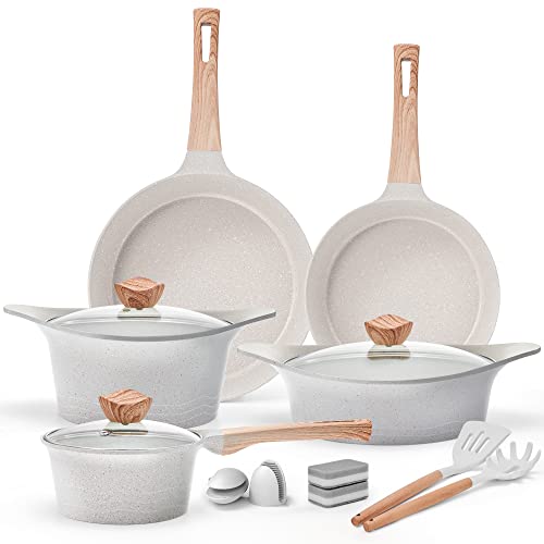 RIOVARM Juego de ollas y sartenes de inducción, utensilios de granito antiadherentes con tapa 11 piezas Esenciales de cocina sin PFOA con sartén Olla Cacerola
