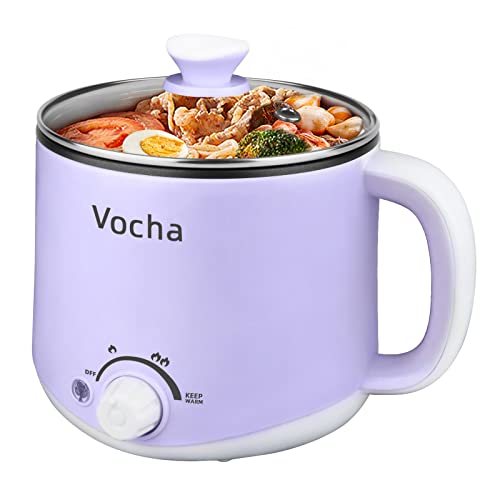 Vocha Olla Recta Eléctrica Pequeña, 1.6L Olla de Cocina Portátil de Antiadherente con Mantener la Función Caliente, 250W/600W Olla de Viaje Multifunción para Sopa/Ramen/Pasta/Huevo/Verdura-Púrpura