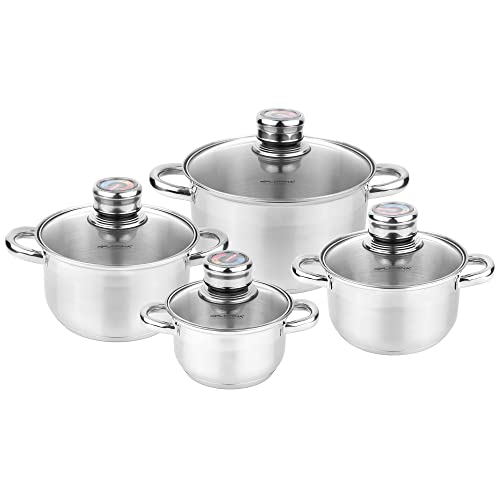 FLORINA Pablo Batería de Cocina Acero Inoxidable, 8 Piezas, Inducción, 4 Cacerolas, 4 Tapas de Cristal con Termómetro, Apta Para Todo Tipo de Cocinas, Apta Lavavajillas, 5K3939