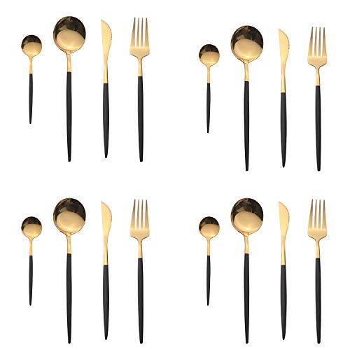 OUQIWEN Juego de cubiertos, 16 piezas juego de cubiertos de acero inoxidable negro y dorado de,Juego de cubiertos de oro negro,Incluyendo cuchillo/tenedor/cuchara/cucharadita,para 4 personas