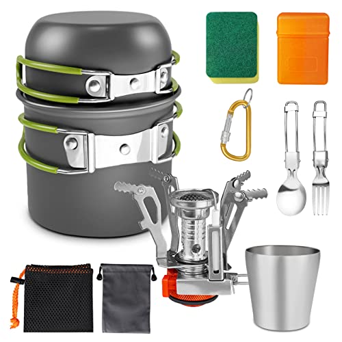 AUTOPkio Kit de Utensilios de Cocina Camping, 12 PCS Juego de Utensilios de Cocina con Sartén y Ollas, Estufa, Plegable Cubiertos, Taza para 1-2 Personas Viaje, Excursión, Senderismo