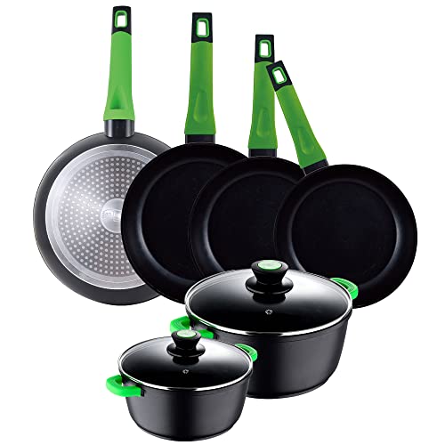 San Ignacio Set Batería de cocina 8 piezas: Ollas de 20 y 28 cm. con tapa de vidrio, y 4 Sartenes de 20;24;26, y 28, antiadherentes, Vitoria, en aluminio, inducción