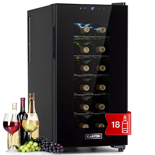 Klarstein Vinoteca 18 Botellas, Nevera Vinos de Una Zona, Nevera Expositora Vino y Cerveza, Vinoteca Pequeña Interior y Exterior con Puerta de Cristal, Nevera Vino Protección UV, Panel Táctil, 4-22°C