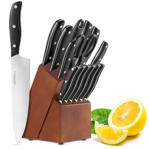 Cuchillos de Cocina Profesionales, 15 Piezas Juego de Cuchillos de Cocina, Hecho de Acero Alemán X50Cr15 Incluye Afilador de Cuchillos, Tijeras, Bloque de Madera