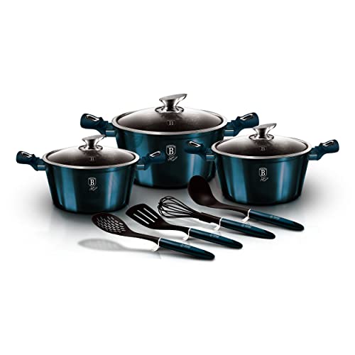 Berlinger Haus Aquamarine Batería Cocina Inducción 10 Piezas, Antiadherente Mármol sin PFOA, Aluminio, Set 3 Cazuelas 3 Tapas Cristal, 4 Utensilios de Cocina, Diseño Metallic Line, Vitrocerámica