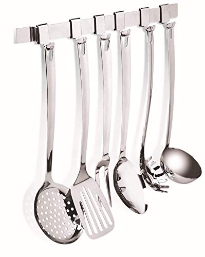 Lagostina Grancucina Juego de Cocina con Cucharón y Barra Colgadora, 7 Piezas, Acero Inoxidable 18/10, con Espumadera, Cuchara, Tenedor, Espátula, Cucharón y Barra de 6 Ganchos