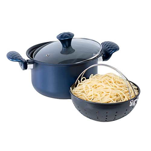 JEETEE - Cacerola para pasta (22 cm, inducción, con tapa de cristal y colador extraíble, cacerola grande con colador, cacerola de 6,5 L, apta para inducción, para todo tipo de cocinas, sin PFOA…