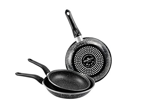 Magefesa Jordan - Juego de 3 sartenes (18/20/24)cm de acero vitrificado exterior negro moteado. Antiadherente bicapa reforzado negro mtoeado, aptas para todo tipo de cocinas, 50% de ahorro energético