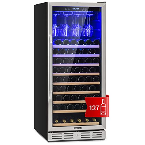 Klarstein Vinoteca para Vinos de 329L Nevera Vino Una Zona, Botellas Vino, Proseco y Cervezas, Vinoteca Pequeña Puerta Cristal para Interior y Exterior, Nevera para Vinos Capacidad 127 Botellas