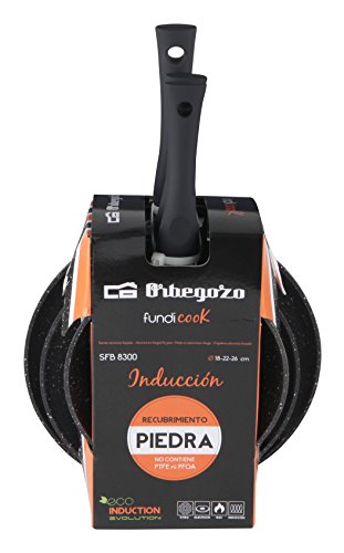 Orbegozo SFB 8300 - Set de 3 sartenes de Aluminio Forjado, Diámetro de 18, 22 y 26 cm, Recubrimiento Piedra Antiadherente, Color Negro