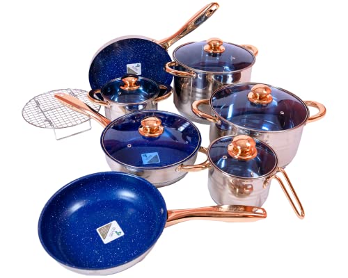 Juego de utensilios de cocina antiadherentes de acero inoxidable, revestimiento duradero y ligero, juego de cocina 23 piezas (azul) de diseño europeo con cubiertas de termómetro, uso para el hogar,