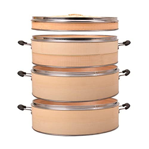 Vapor de bambú hecho a mano respetuoso del medio ambiente y saludable, vapor de madera de borde de acero inoxidable para el hogar, vaporizador de bollo Bao profundizado, vapor Dim Sum 24 cm