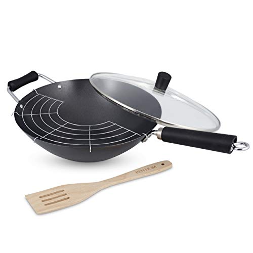 Ken Hom KH431041 Wok Set 4 Piezas Acero Carbono Antiadherente, 31cm, Excellence, Sartén de Inducción/Compatible con Herramientas Metálicas, Apto Para Lavavajillas, 2 Años de Garantía