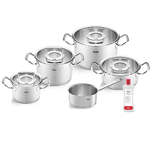 Fissler Juego de 5 cacerolas de acero inoxidable, incluye tapa de cristal y cuidado de acero inoxidable, para inducción