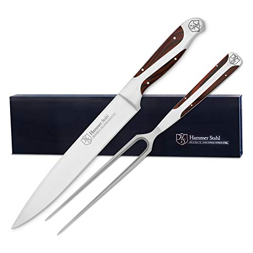 Hammer Stahl Juego de Cuchillos y Tenedores para trinchar - Acero Inoxidable de Alto Carbono alemán - Mangos ergonómicos Quad-Tang Pakkawood