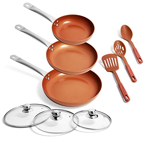 Razab Juego de sartenes de cobre con tapas, juego de sartenes antiadherentes, sartenes de cobre con tapa, sartenes antiadherentes con tapas de 8 pulgadas, 9.5 pulgadas y 11 pulgadas