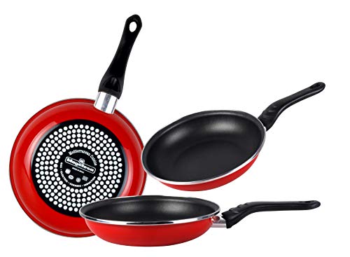 Magefesa Praga Juego de 3 sartenes (18/20/24)cm de acero vitrificado exterior color rojo. Antiadherente bicapa reforzado, aptas para todo tipo de cocinas, especial inducción. 50% de ahorro energético.