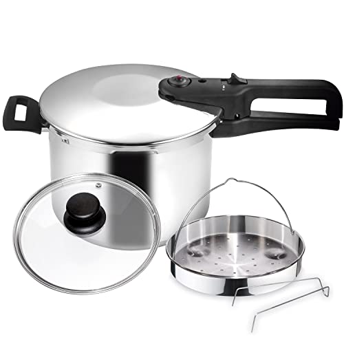 MAGEFESA ® Magestar Complet olla a presión Súper rápida de 6 Litros, pack exclusivo cestillo + tapa de cristal, fabricada en acero Inoxidable, para todo tipo de cocinas, incluido induccion, express