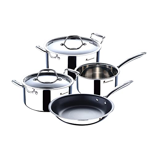 MasterPro - Batería de Cocina Triply de 6 Piezas con 2 Cacerolas de 20 y 24 cm con Tapa, 1 Cazo de 16 cm y Sartén de 24 cm, Antiadherentes de Acero Inoxidable con Magos y Asas Ergonómicas, Sin PFOA