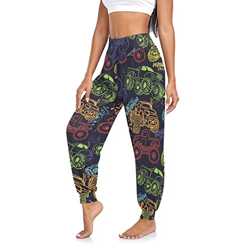 Pantalones de harén para mujer, diseño de trébol del día de San Patricio, a cuadros, color verde, pantalones deportivos sueltos, Coloridos Monster Trucks Coches, Large