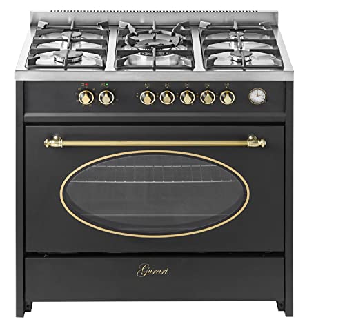 Cocina de gas GURARI GCH E 914 BL r, retro, gas eléctrico, 90 cm,121 l, 8 funciones, aire caliente, grill, 5 quemadores, 4 kW, gas natural, gas propano, incl. adaptador WOK