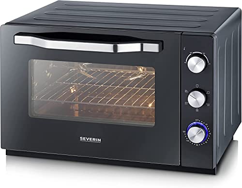 SEVERIN Horno tostador XXL con función de convección, mini horno tostador con grill y bandeja, horno pequeño con piedra para pizza y asador giratorio, 2200 W, 60 L, negro, TO 2066