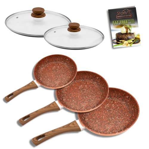 STARLYF Set de Sartenes Antiadherentes Copper & Stone Pan SET, con revestimiento interior de granito. Muy fácil de limpiar. Antiarañazos (SET) de 5 piezas, 3 Sartenes + 2 Tapas de vidrio