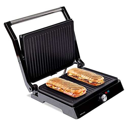 Mellerware - Parrilla Eléctrica Hotty!2200W| Revestimiento Antiadherente | Regulador Temperatura LED | Obertura 180º | Placas Adaptables | Gran superfície 29×46cm | Grill Acero Inoxidable |Libre PFOA
