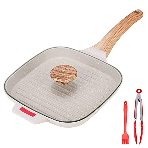 Bobikuke Grill Asador con Rayas con Tapa, 21 cm Sartén Parrilla de Aluminio Fundido, Revestimiento Antiadherente, para Todo Tipo de Cocinas Incluido Inducción (Blanco)